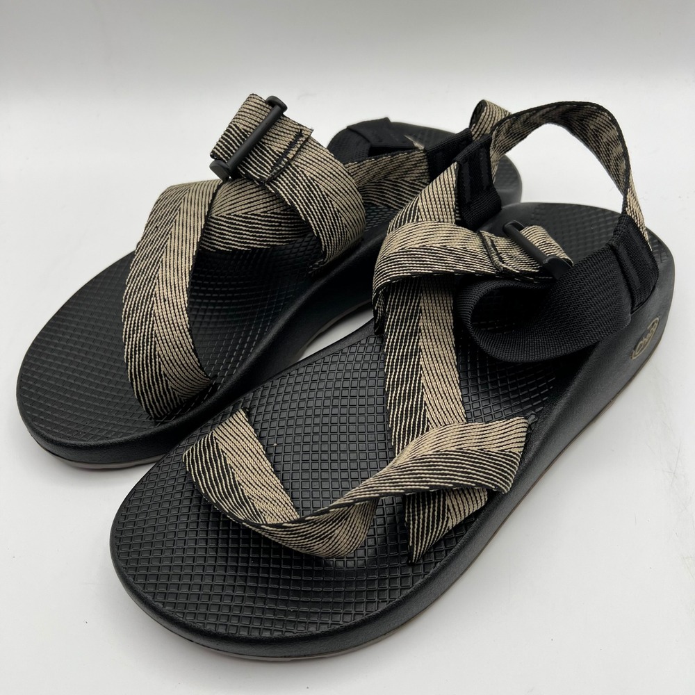 Chaco Z 1 Wide Strap Classic Sandals Mens 10 Black Tan Striped Strappy Hiking